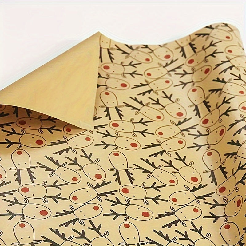 Vintage Reindeer Christmas Kraft Wrapping Paper Roll - Large 16.9" x 118.1" Light Brown Animal Pattern, Smooth Finish for Gifts & Crafts