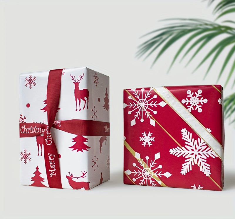 1pc Double-Sided Gift Wrapping Paper - Red Christmas Snowflake & Reindeer Pattern, 17"x600", Striped Style, Paper Material with Adhesive Labels, Essential for Holiday Presents, for Youngsters/Family/Friends, Stationery and Gi