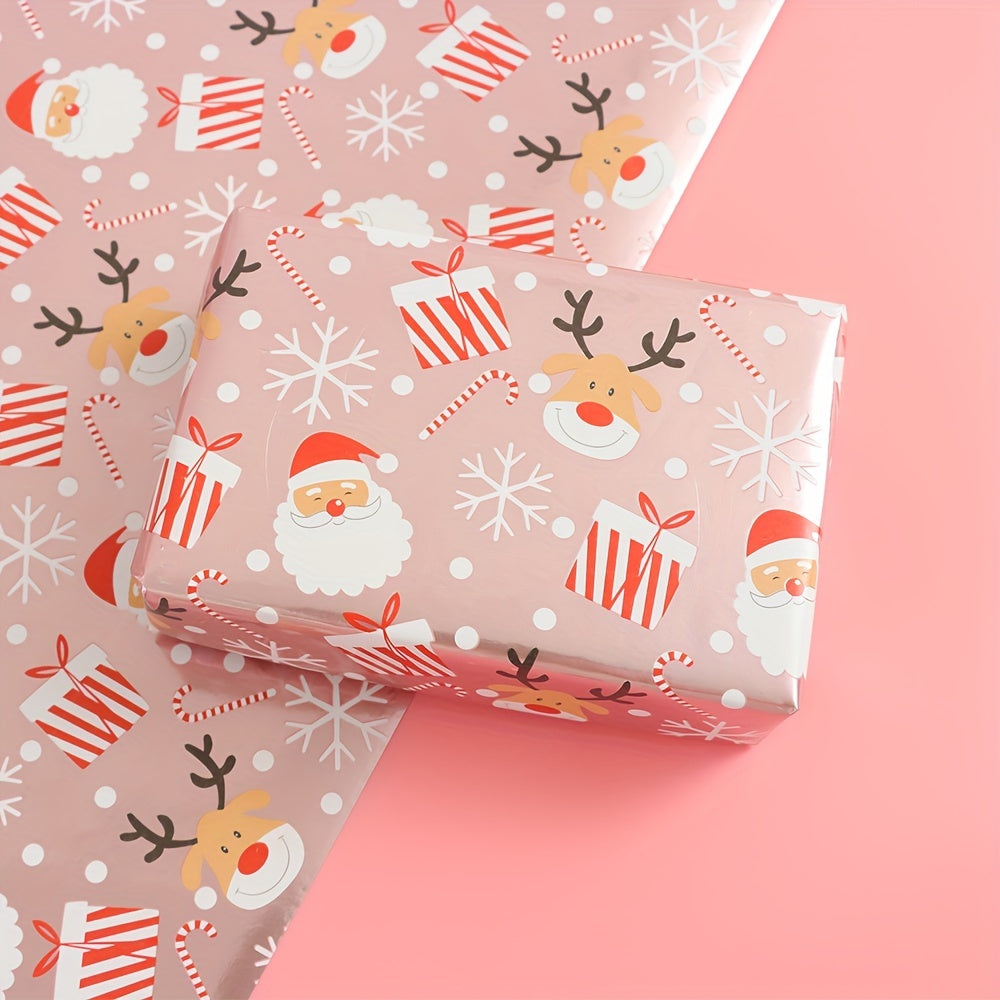 Glossy Christmas Wrapping Paper Roll - Large Size, Reindeer & Santa Design, Pink, 17in x 16Ft - Festive Gift Wrap for Holiday Presents