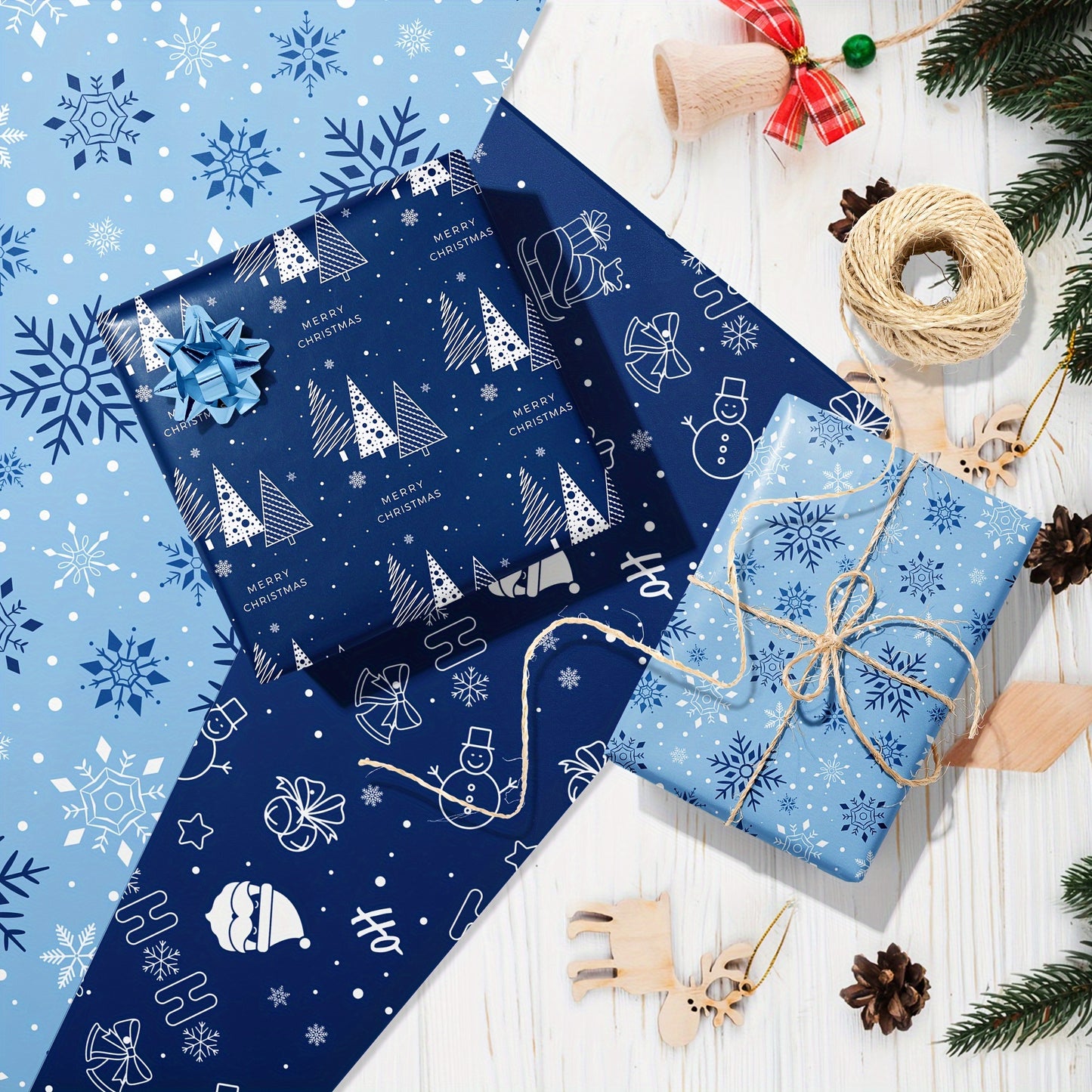 12pcs Dark Blue Christmas Wrapping Paper with Snowflake & Reindeer Designs - Perfect for Gift Boxes, Party Favors & Decorations