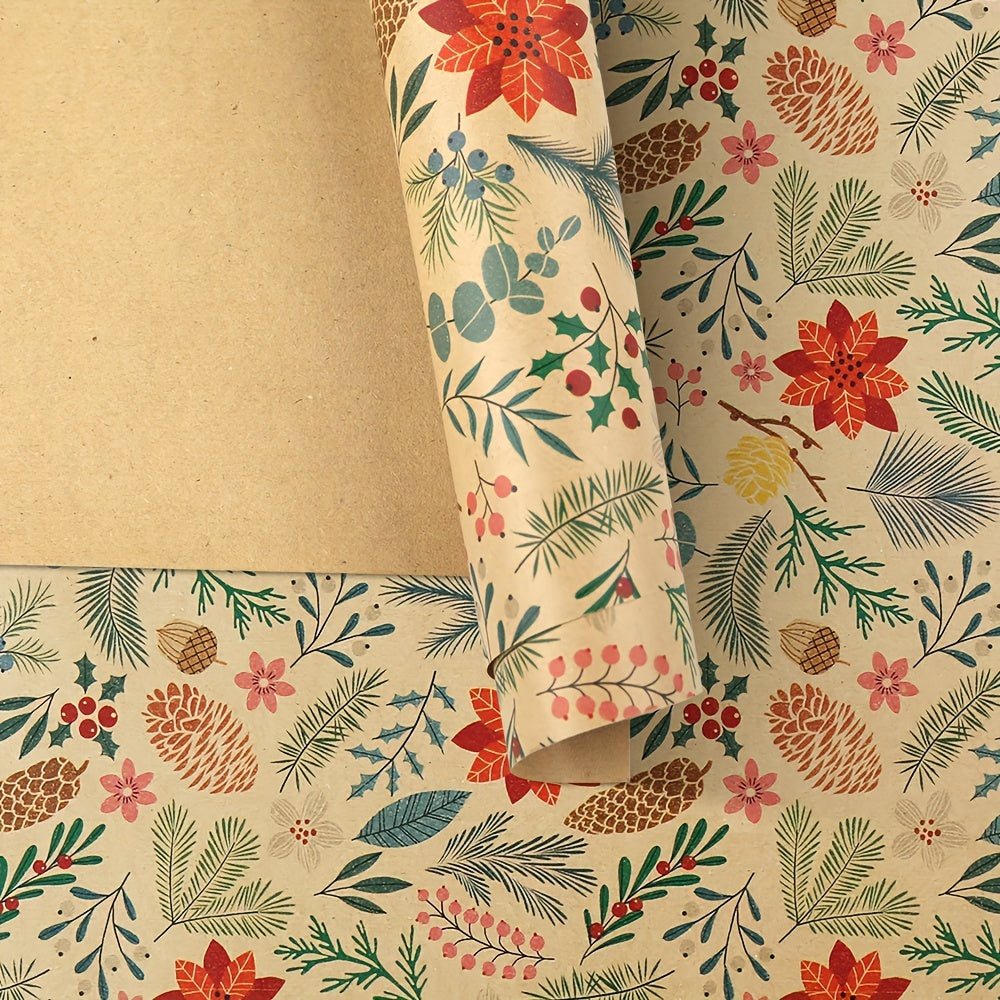 1 Roll Rustic Christmas Gift Wrapping Paper, Floral & Leaf Design, Kraft Brown, No-Component, Tree & Reindeer Theme, Art & Craft Supplies, Sewing Paper