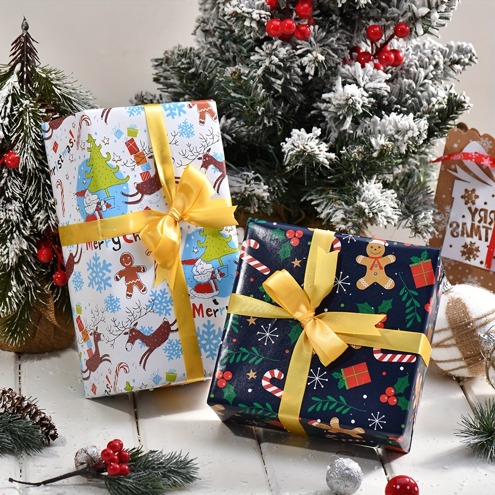 8-Pack Christmas Gift Wrapping Paper - High-Quality Double Copper Paper with Festive Santa, Reindeer & Tree Patterns for Holiday Gifts