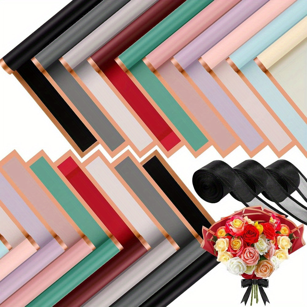 60PCS Floral Gift Wrapping Paper, 10 Color Blends, Semi-Transparent Rose Korean Style Grid Pattern with Golden Border, Flower Bouquet Packaging Materials, Bouquet Supplies