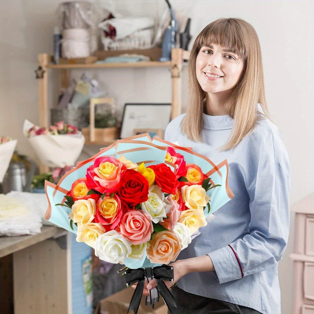 60PCS Floral Gift Wrapping Paper, 10 Color Blends, Semi-Transparent Rose Korean Style Grid Pattern with Golden Border, Flower Bouquet Packaging Materials, Bouquet Supplies