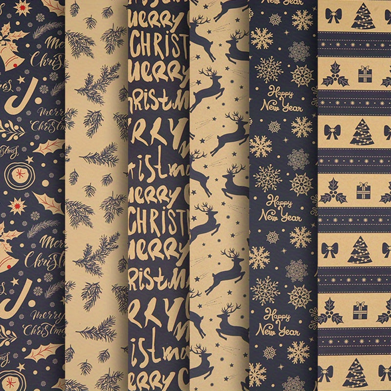 6pcs 6-Pack Vintage Christmas Wrapping Paper Rolls: Reindeer & Snowflake Pattern Kraft Paper Gift Wrap Set for Birthday, Holiday, & Festive Occasions