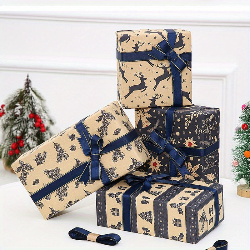 6pcs 6-Pack Vintage Christmas Wrapping Paper Rolls: Reindeer & Snowflake Pattern Kraft Paper Gift Wrap Set for Birthday, Holiday, & Festive Occasions