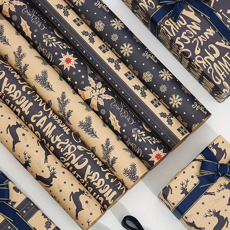 6pcs 6-Pack Vintage Christmas Wrapping Paper Rolls: Reindeer & Snowflake Pattern Kraft Paper Gift Wrap Set for Birthday, Holiday, & Festive Occasions
