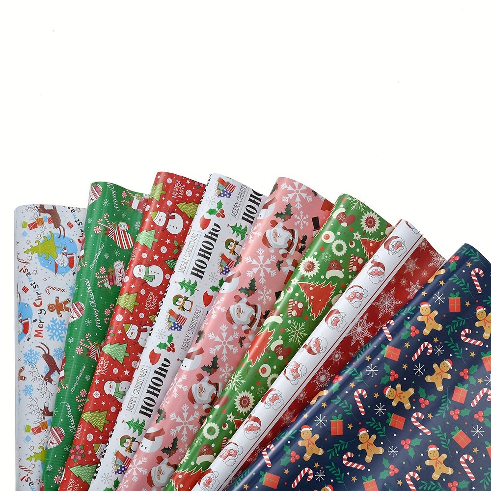 8-Pack Christmas Gift Wrapping Paper - High-Quality Double Copper Paper with Festive Santa, Reindeer & Tree Patterns for Holiday Gifts