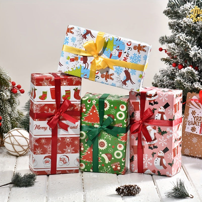 8-Pack Christmas Gift Wrapping Paper - High-Quality Double Copper Paper with Festive Santa, Reindeer & Tree Patterns for Holiday Gifts