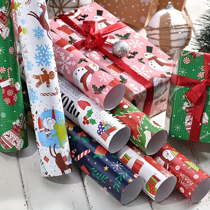 8-Pack Christmas Gift Wrapping Paper - High-Quality Double Copper Paper with Festive Santa, Reindeer & Tree Patterns for Holiday Gifts