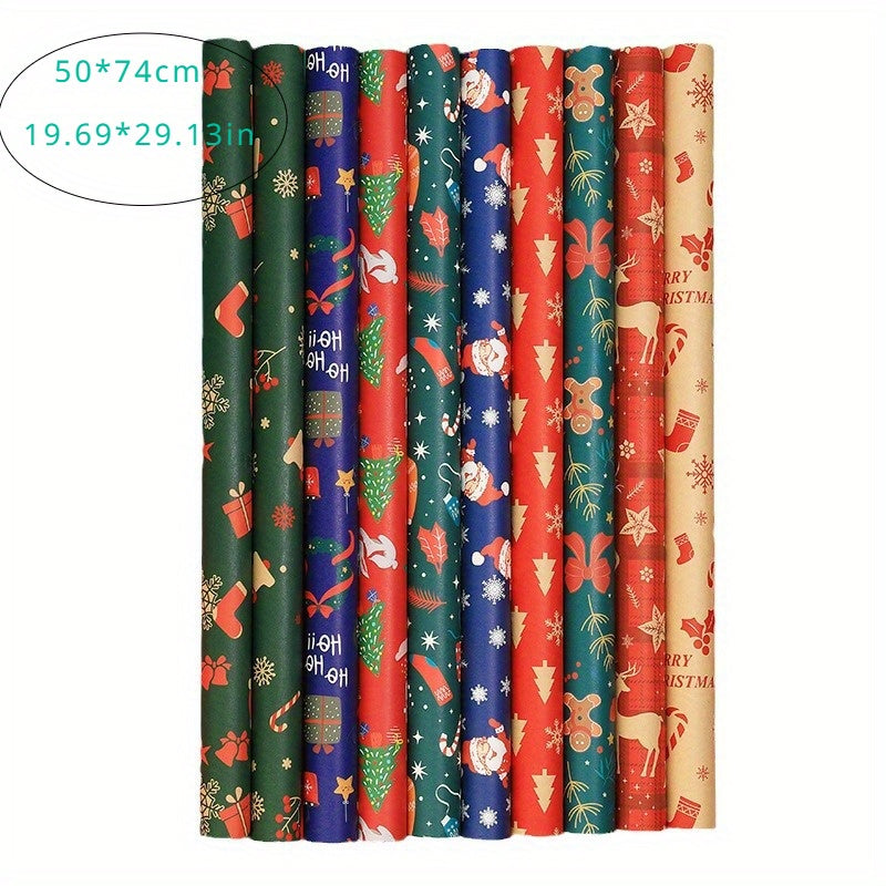 10 Pcs Christmas Gift Wrapping Paper Set, Thick Kraft Cartoons Wrap for Holiday Presents, Featuring Santa, Reindeer, Christmas Trees - Festive Assorted Designs Without Accessories