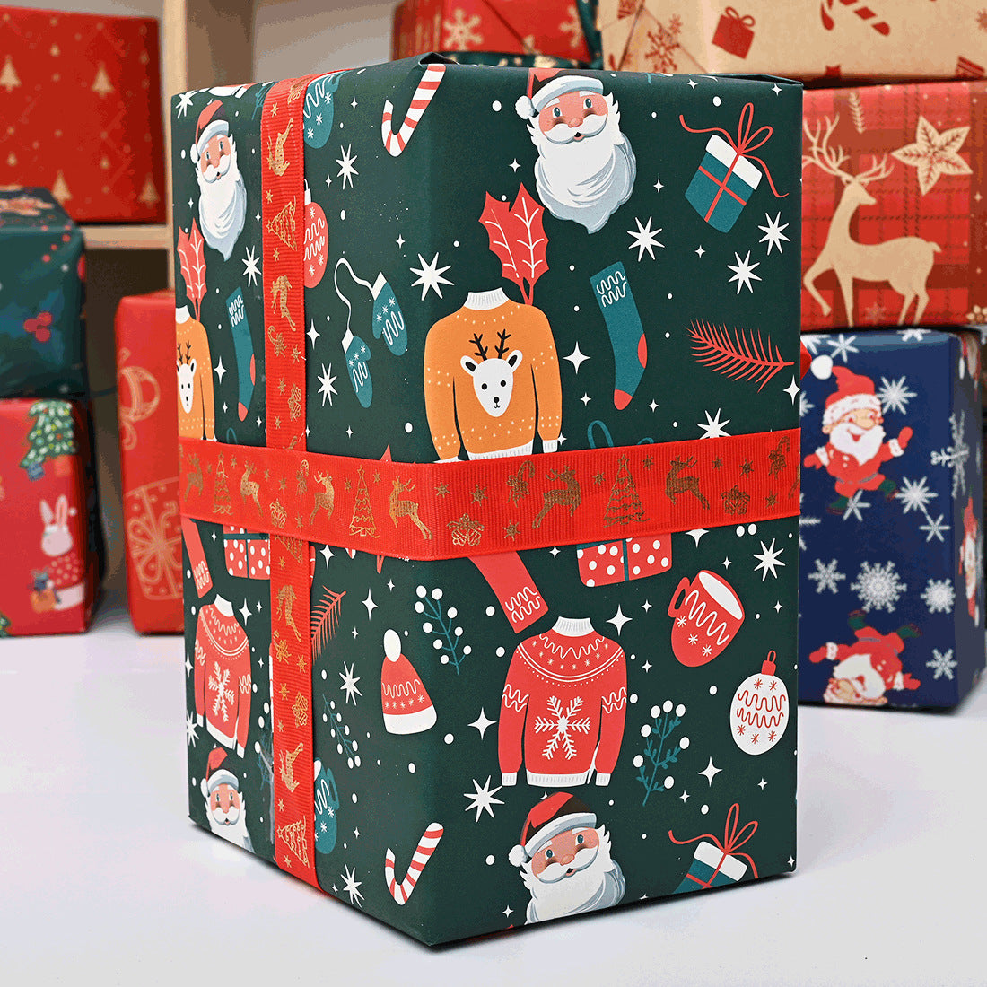 10 Pcs Christmas Gift Wrapping Paper Set, Thick Kraft Cartoons Wrap for Holiday Presents, Featuring Santa, Reindeer, Christmas Trees - Festive Assorted Designs Without Accessories