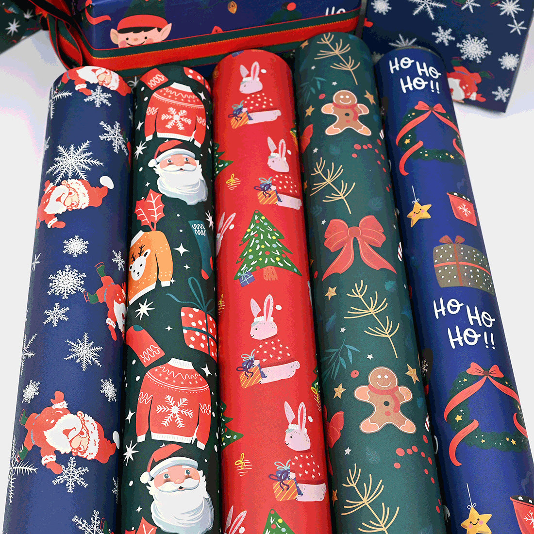 10 Pcs Christmas Gift Wrapping Paper Set, Thick Kraft Cartoons Wrap for Holiday Presents, Featuring Santa, Reindeer, Christmas Trees - Festive Assorted Designs Without Accessories