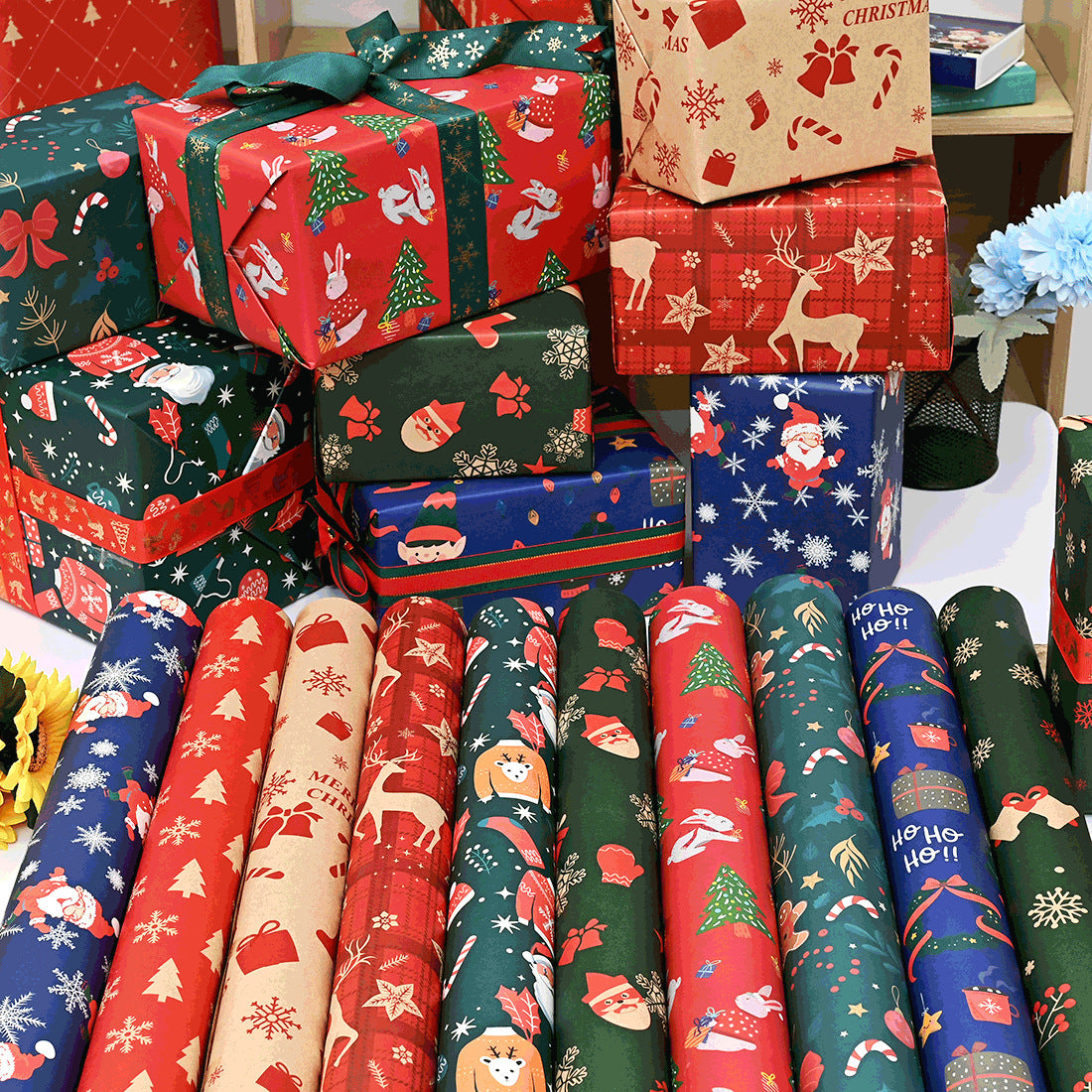 10 Pcs Christmas Gift Wrapping Paper Set, Thick Kraft Cartoons Wrap for Holiday Presents, Featuring Santa, Reindeer, Christmas Trees - Festive Assorted Designs Without Accessories