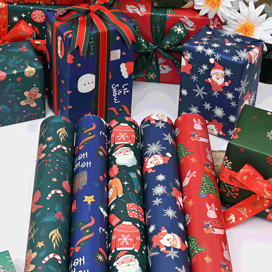 10 Pcs Christmas Gift Wrapping Paper Set, Thick Kraft Cartoons Wrap for Holiday Presents, Featuring Santa, Reindeer, Christmas Trees - Festive Assorted Designs Without Accessories