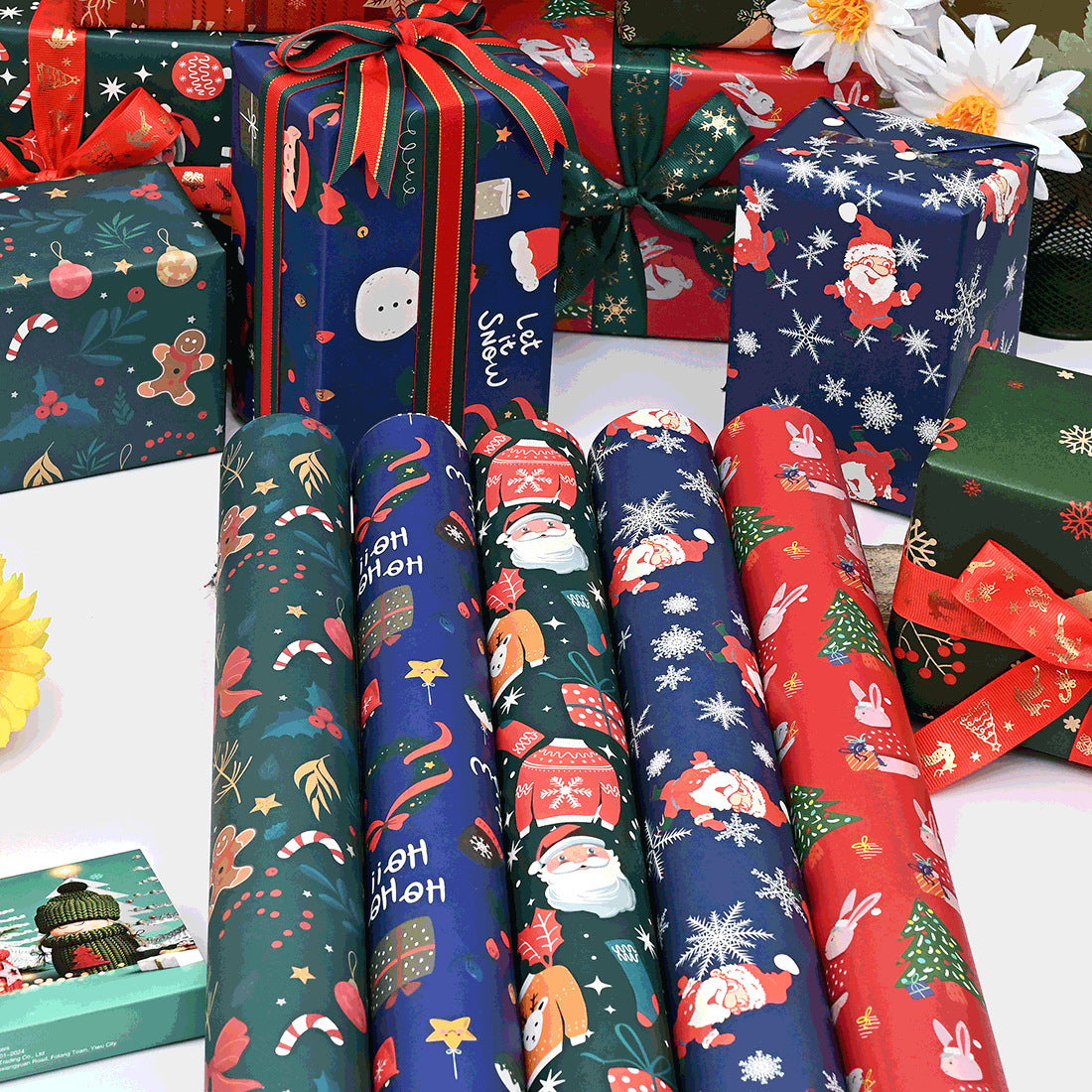 10 Pcs Christmas Gift Wrapping Paper Set, Thick Kraft Cartoons Wrap for Holiday Presents, Featuring Santa, Reindeer, Christmas Trees - Festive Assorted Designs Without Accessories