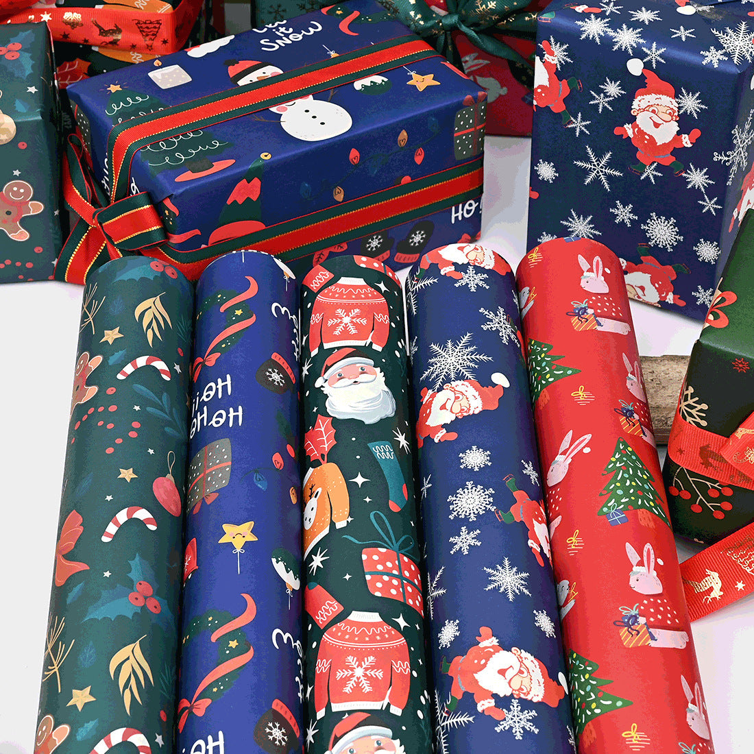10 Pcs Christmas Gift Wrapping Paper Set, Thick Kraft Cartoons Wrap for Holiday Presents, Featuring Santa, Reindeer, Christmas Trees - Festive Assorted Designs Without Accessories