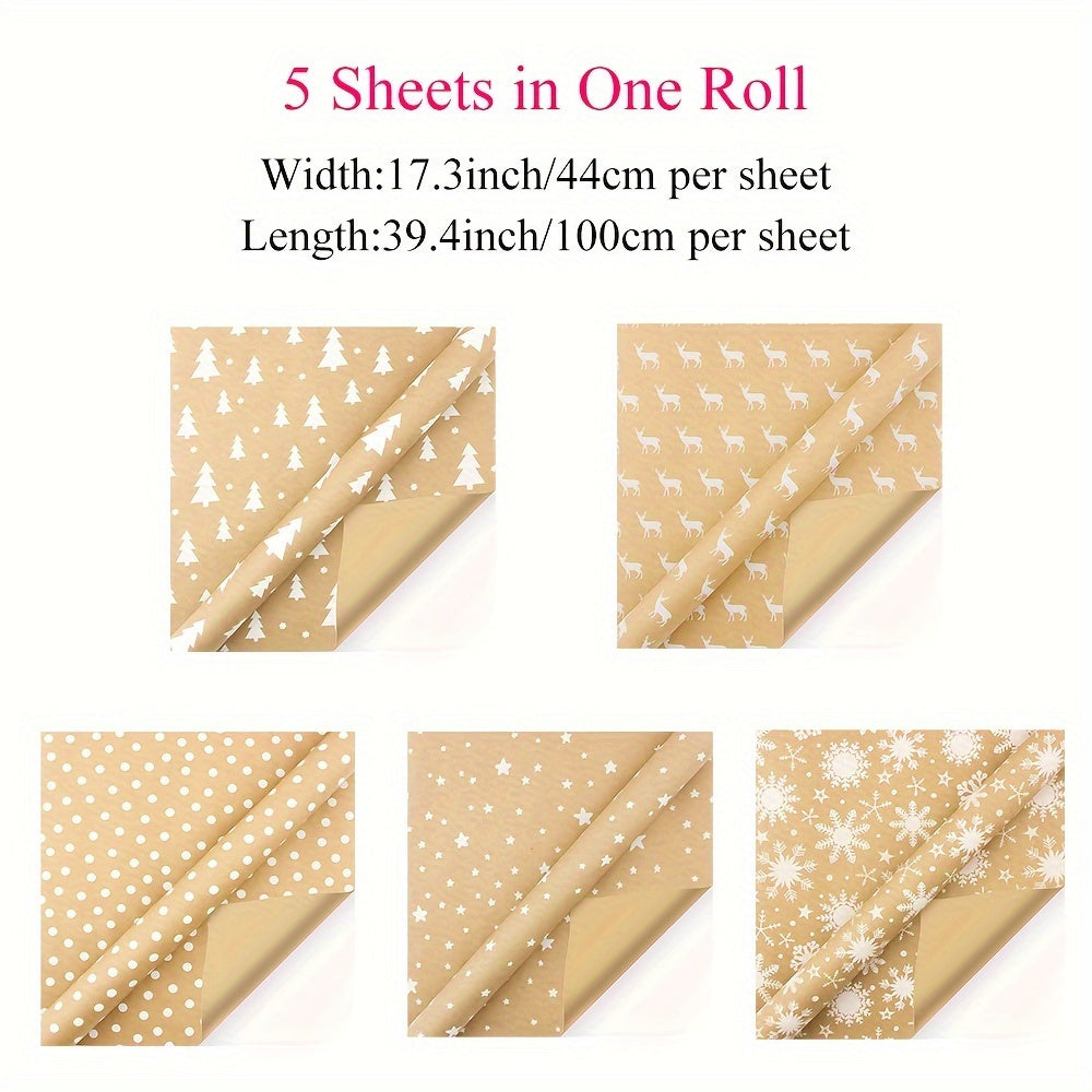 8-Pack Christmas Gift Wrapping Paper Rolls, Kraft Brown with White Patterns, Eco-Friendly Paper Material, Assorted Designs for Holiday Presents
