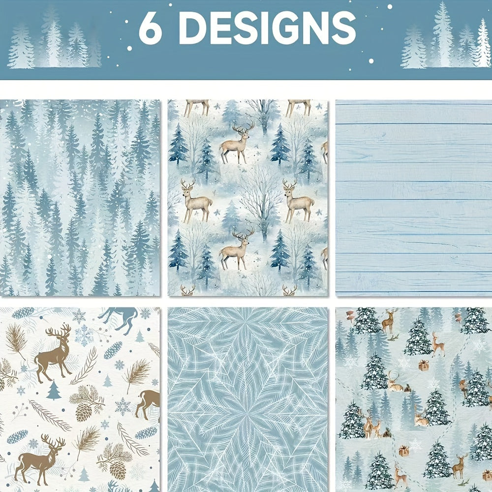 6pcs Premium Blue Series Gift Wrap with Reindeer & Forest Christmas Tree Design - Festive Holiday Wrapping Paper for Gifts, Perfect for Birthdays, Weddings, Youngsters Showers, Bridal Showers & More