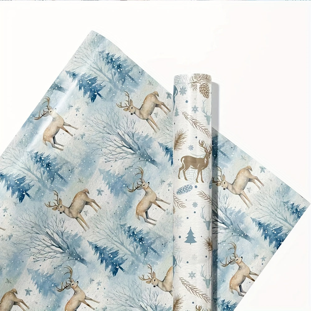 6pcs Premium Blue Series Gift Wrap with Reindeer & Forest Christmas Tree Design - Festive Holiday Wrapping Paper for Gifts, Perfect for Birthdays, Weddings, Youngsters Showers, Bridal Showers & More