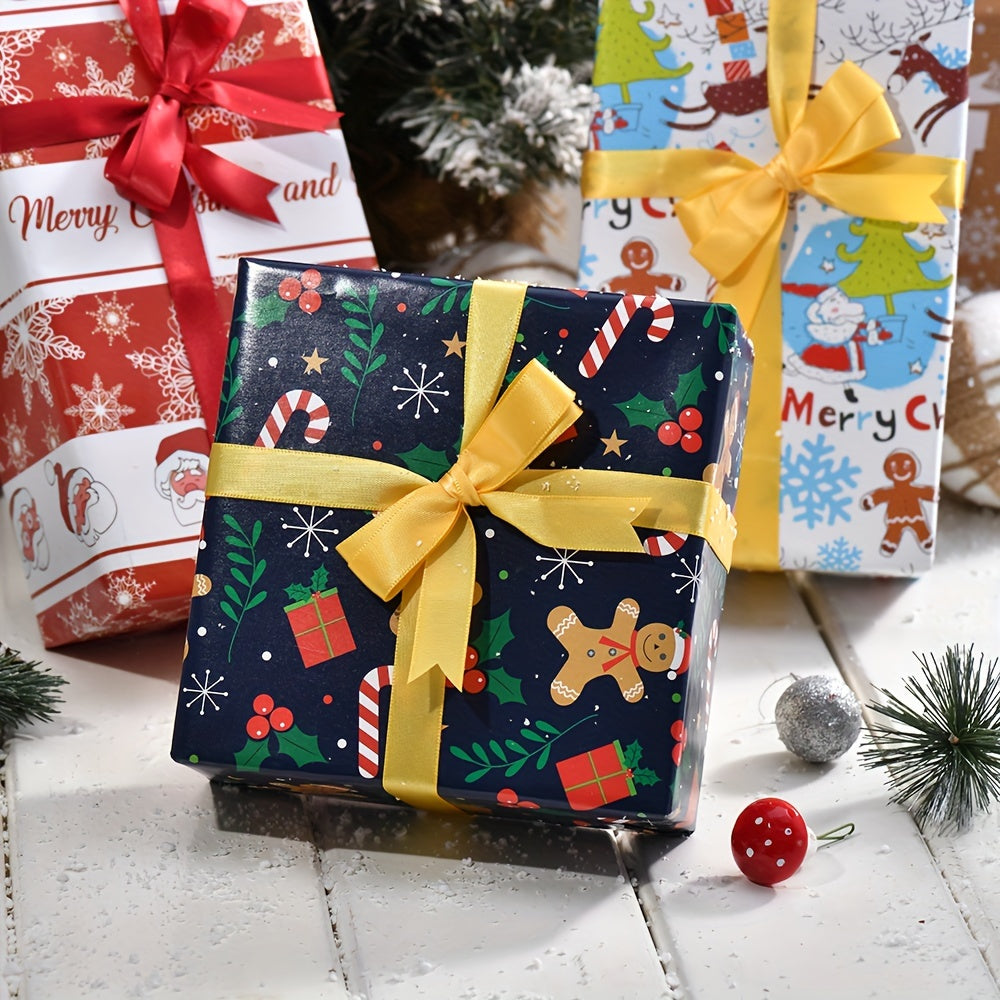 8-Pack Christmas Gift Wrapping Paper - High-Quality Double Copper Paper with Festive Santa, Reindeer & Tree Patterns for Holiday Gifts