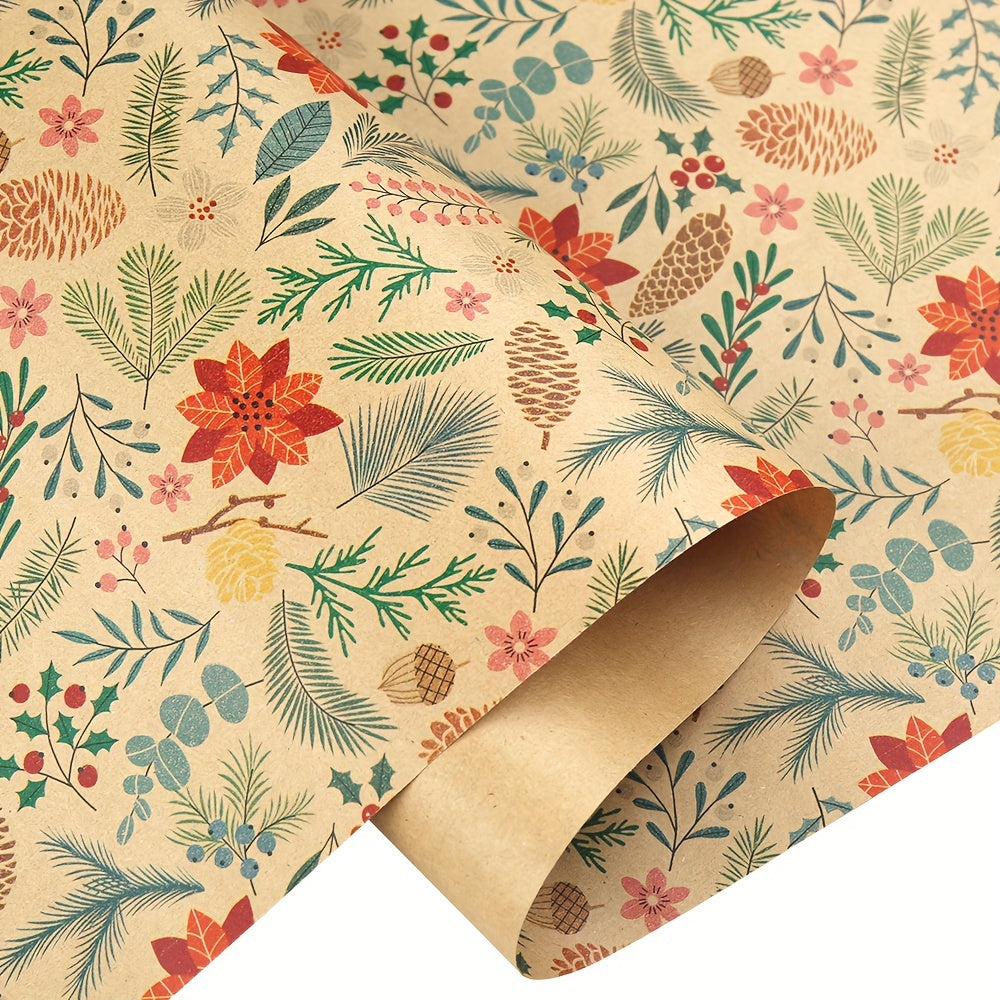 1 Roll Rustic Christmas Gift Wrapping Paper, Floral & Leaf Design, Kraft Brown, No-Component, Tree & Reindeer Theme, Art & Craft Supplies, Sewing Paper