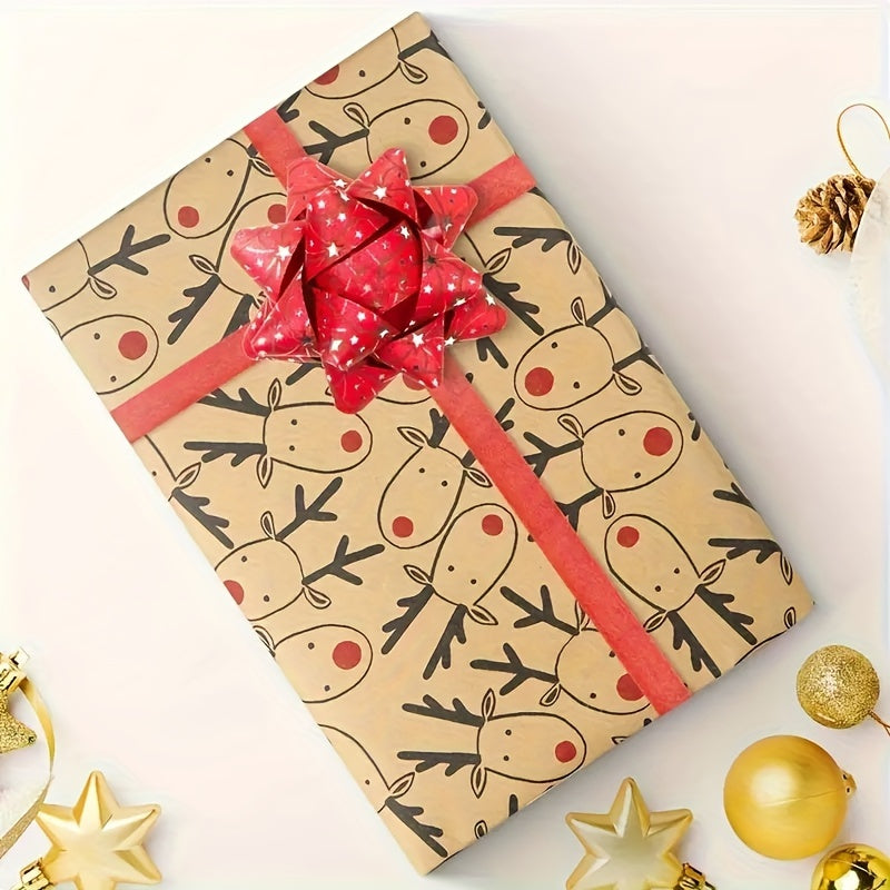 Vintage Reindeer Christmas Kraft Wrapping Paper Roll - Large 16.9" x 118.1" Light Brown Animal Pattern, Smooth Finish for Gifts & Crafts