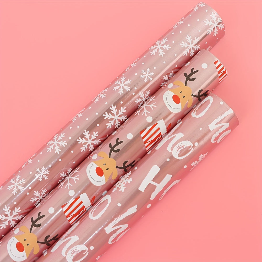 Glossy Christmas Wrapping Paper Roll - Large Size, Reindeer & Santa Design, Pink, 17in x 16Ft - Festive Gift Wrap for Holiday Presents
