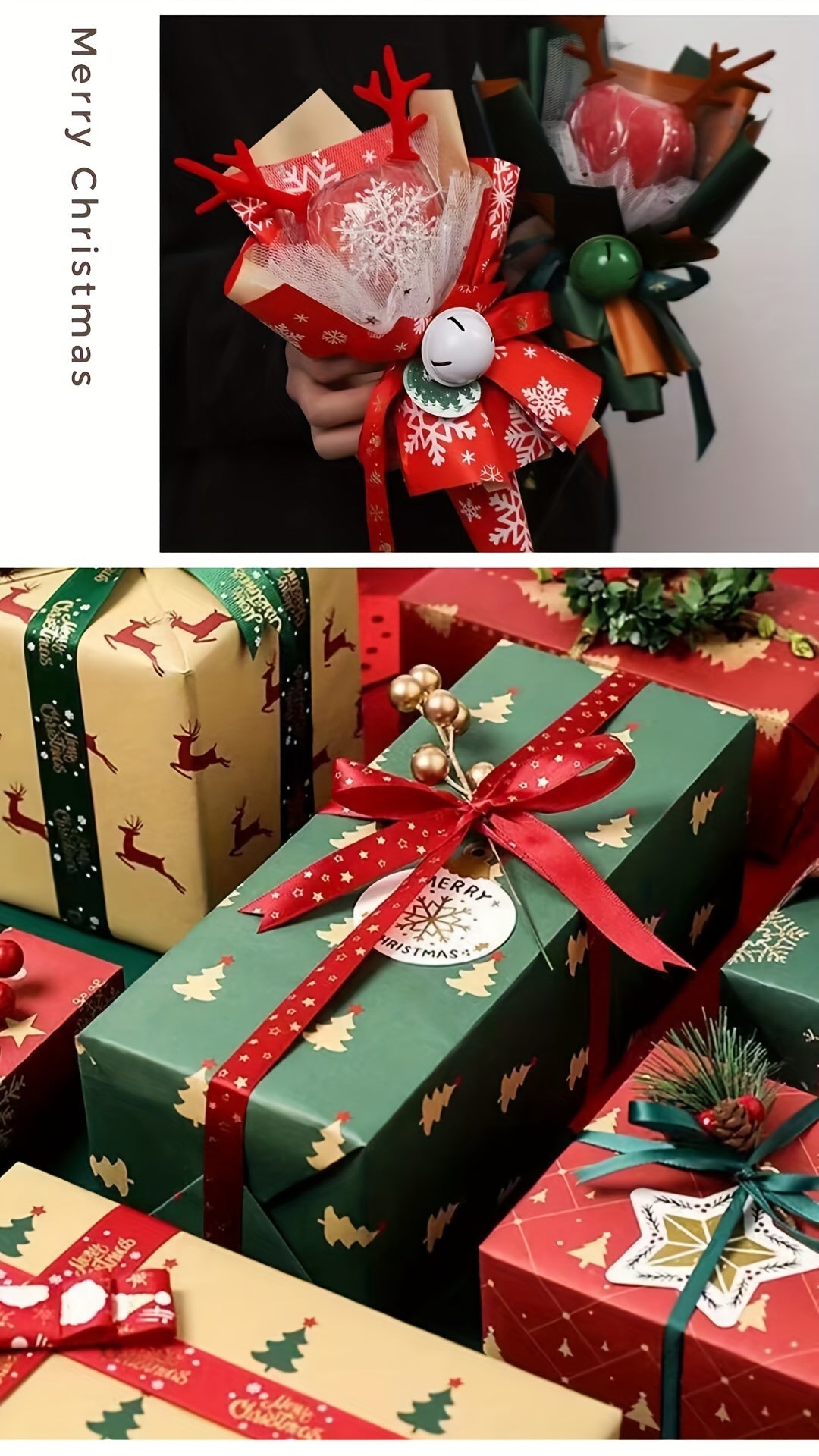 7pcs Festive Kraft Wrapping Paper Set, Christmas Gift Wrap with Snowflake and Reindeer Design, Thick Paper for Holiday Presents and DIY Crafts