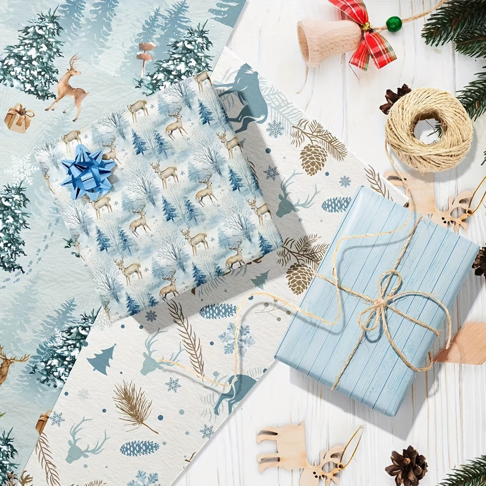 6pcs Premium Blue Series Gift Wrap with Reindeer & Forest Christmas Tree Design - Festive Holiday Wrapping Paper for Gifts, Perfect for Birthdays, Weddings, Youngsters Showers, Bridal Showers & More
