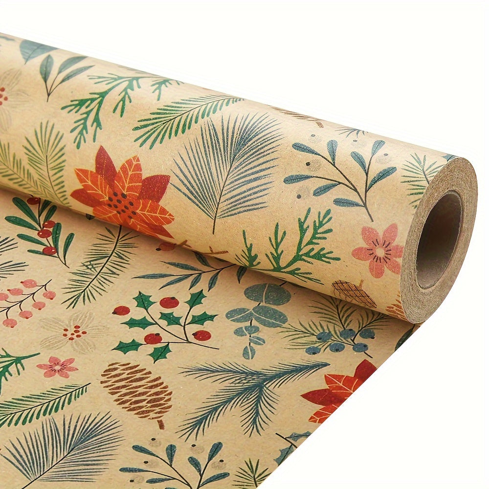 1 Roll Rustic Christmas Gift Wrapping Paper, Floral & Leaf Design, Kraft Brown, No-Component, Tree & Reindeer Theme, Art & Craft Supplies, Sewing Paper