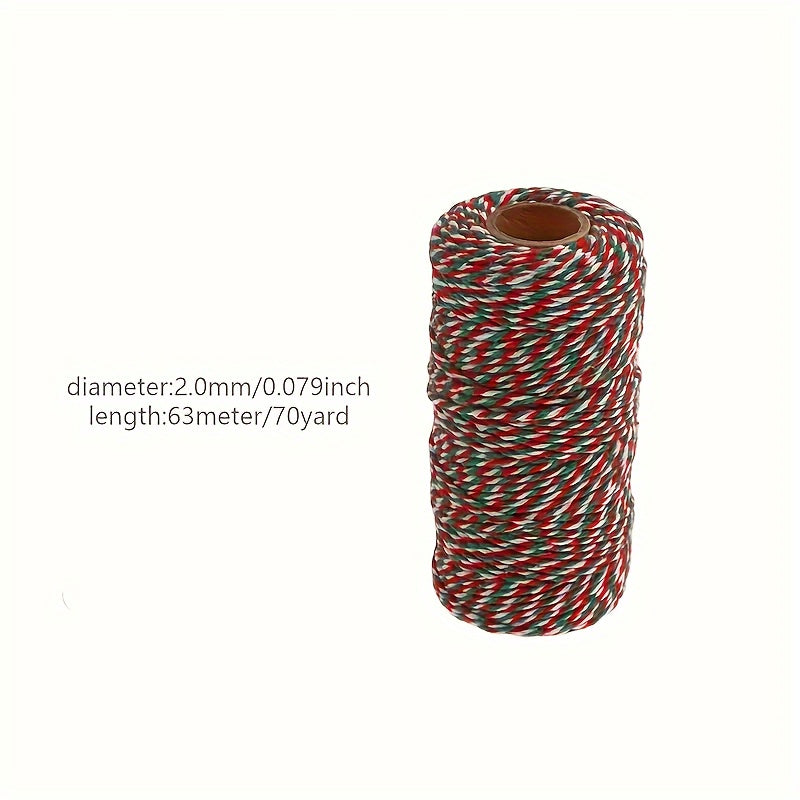 1 Roll, 70 Yards Long Christmas Color Three Color Cotton Rope Gift Wrapping With Pendant Rope Christmas Gift Wrapping Rope, Ribbons For Bouquets, Flower Wrapping Paper, Craft Supplies, Fabric, Handmade Wedding Bouquets Materi