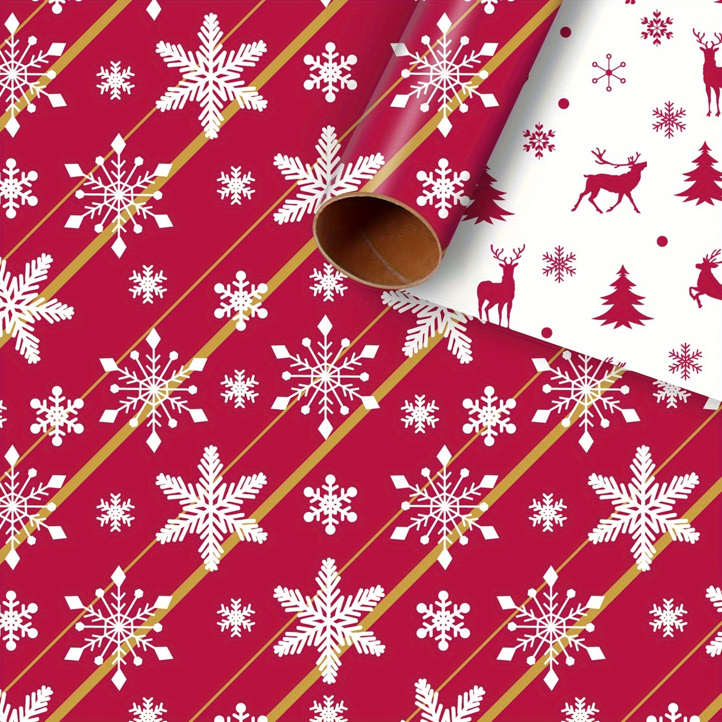 1pc Double-Sided Gift Wrapping Paper - Red Christmas Snowflake & Reindeer Pattern, 17"x600", Striped Style, Paper Material with Adhesive Labels, Essential for Holiday Presents, for Youngsters/Family/Friends, Stationery and Gi