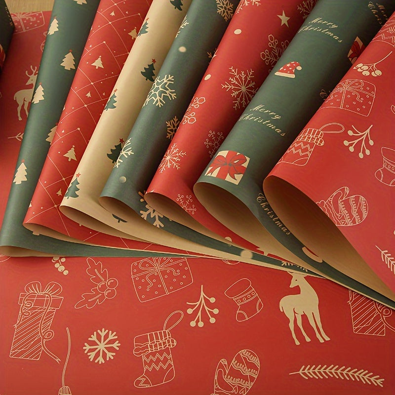 7pcs Festive Kraft Wrapping Paper Set, Christmas Gift Wrap with Snowflake and Reindeer Design, Thick Paper for Holiday Presents and DIY Crafts