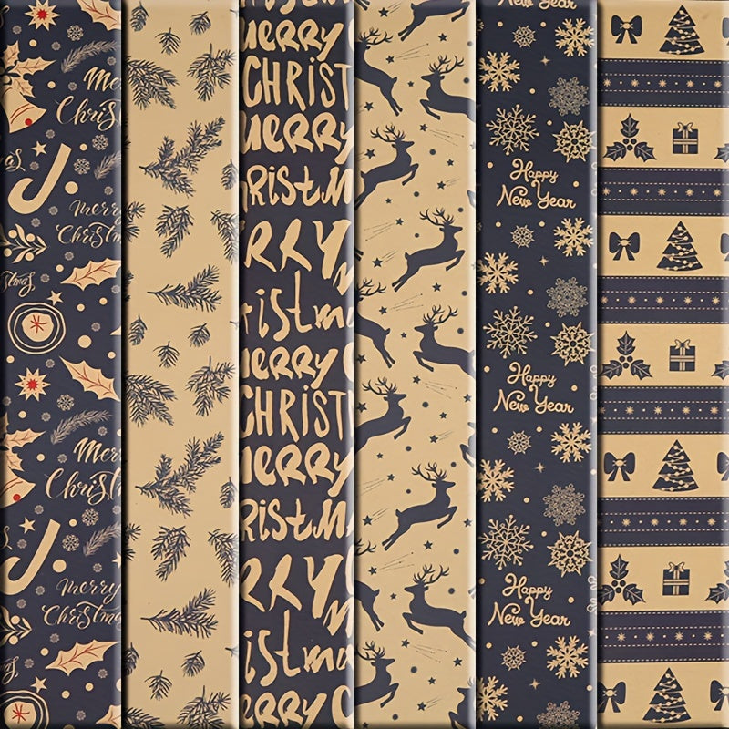6pcs 6-Pack Vintage Christmas Wrapping Paper Rolls: Reindeer & Snowflake Pattern Kraft Paper Gift Wrap Set for Birthday, Holiday, & Festive Occasions
