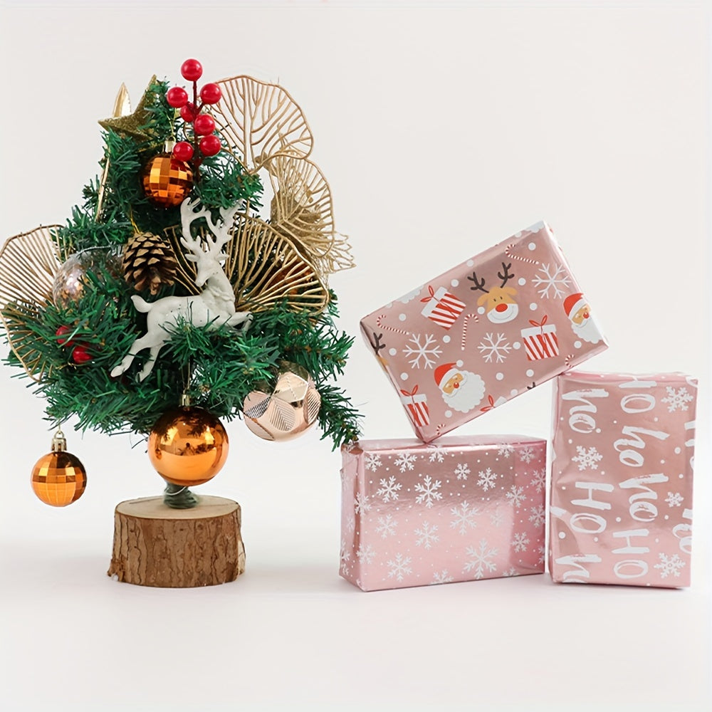 Glossy Christmas Wrapping Paper Roll - Large Size, Reindeer & Santa Design, Pink, 17in x 16Ft - Festive Gift Wrap for Holiday Presents