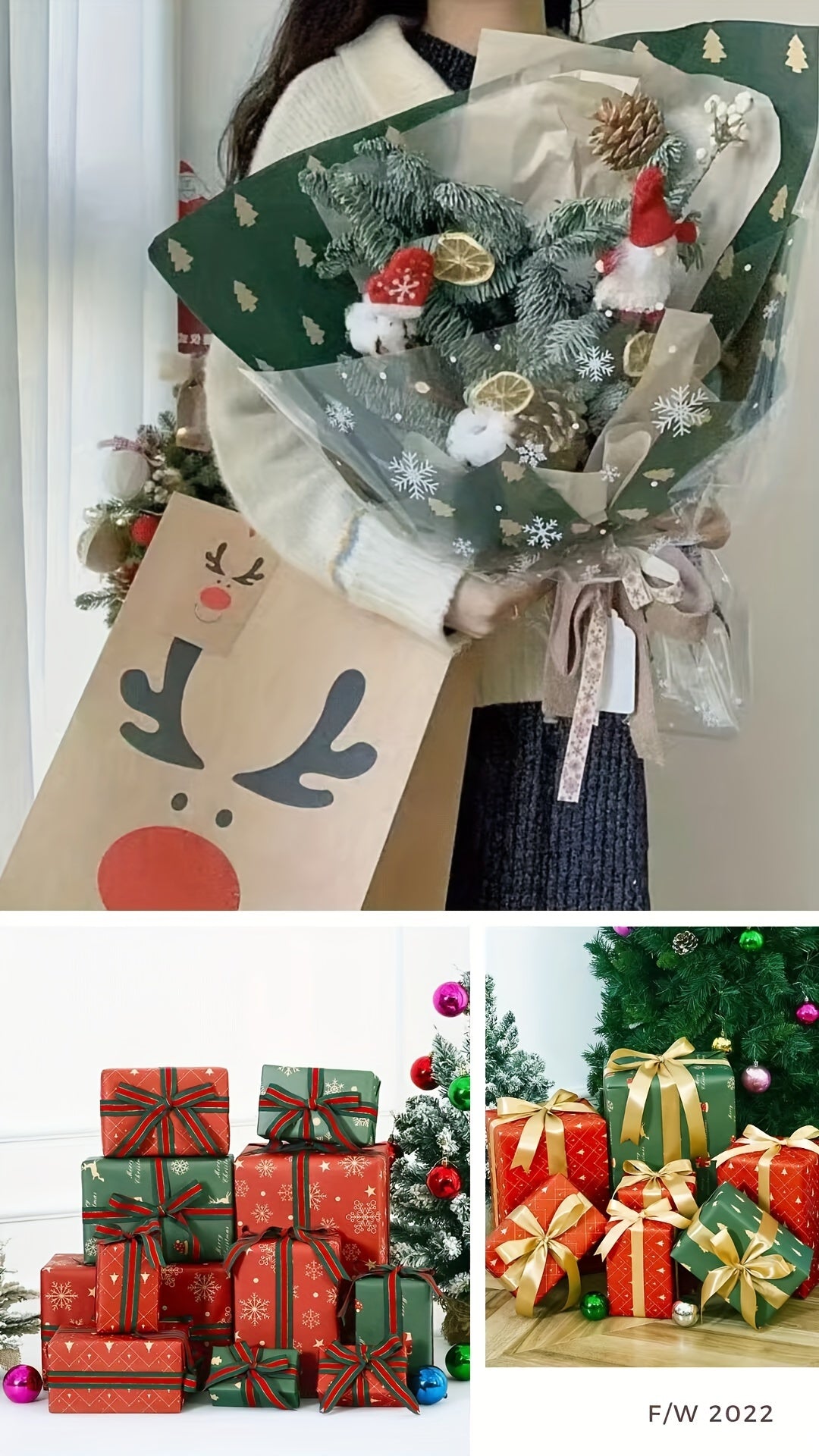 7pcs Festive Kraft Wrapping Paper Set, Christmas Gift Wrap with Snowflake and Reindeer Design, Thick Paper for Holiday Presents and DIY Crafts