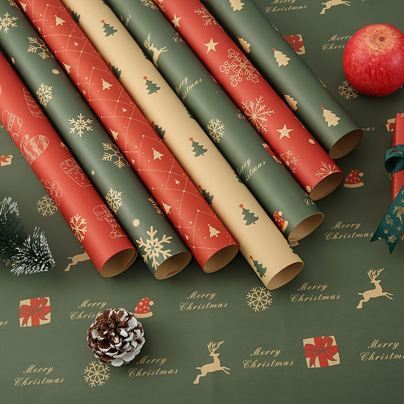 7pcs Festive Kraft Wrapping Paper Set, Christmas Gift Wrap with Snowflake and Reindeer Design, Thick Paper for Holiday Presents and DIY Crafts