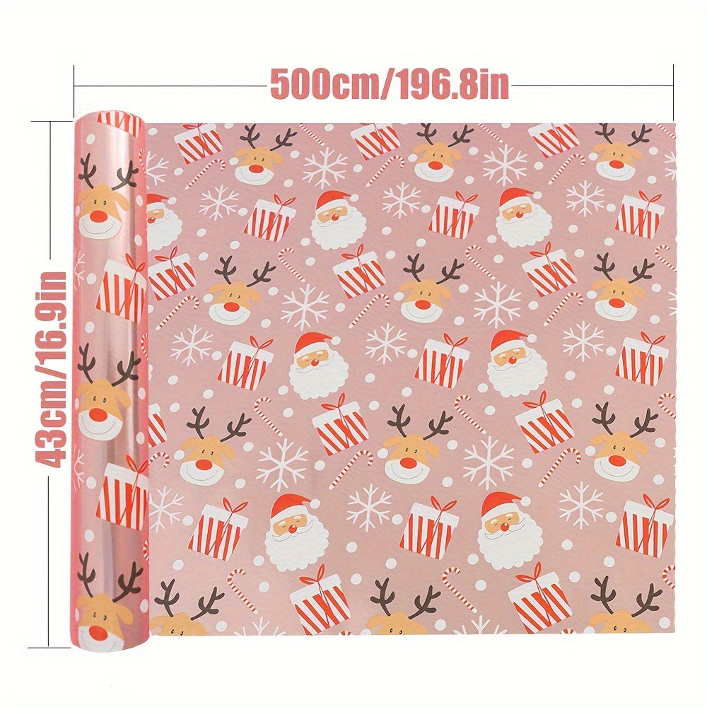 Glossy Christmas Wrapping Paper Roll - Large Size, Reindeer & Santa Design, Pink, 17in x 16Ft - Festive Gift Wrap for Holiday Presents