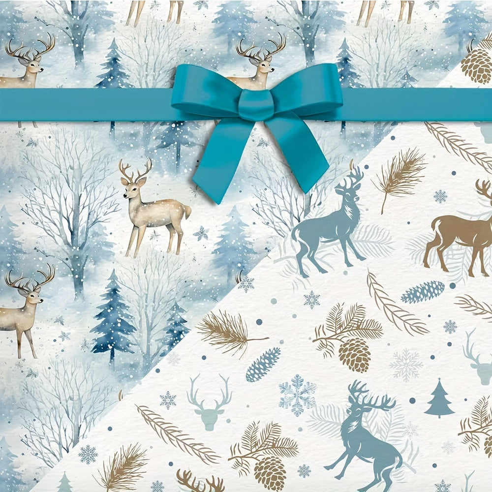 6pcs Premium Blue Series Gift Wrap with Reindeer & Forest Christmas Tree Design - Festive Holiday Wrapping Paper for Gifts, Perfect for Birthdays, Weddings, Youngsters Showers, Bridal Showers & More