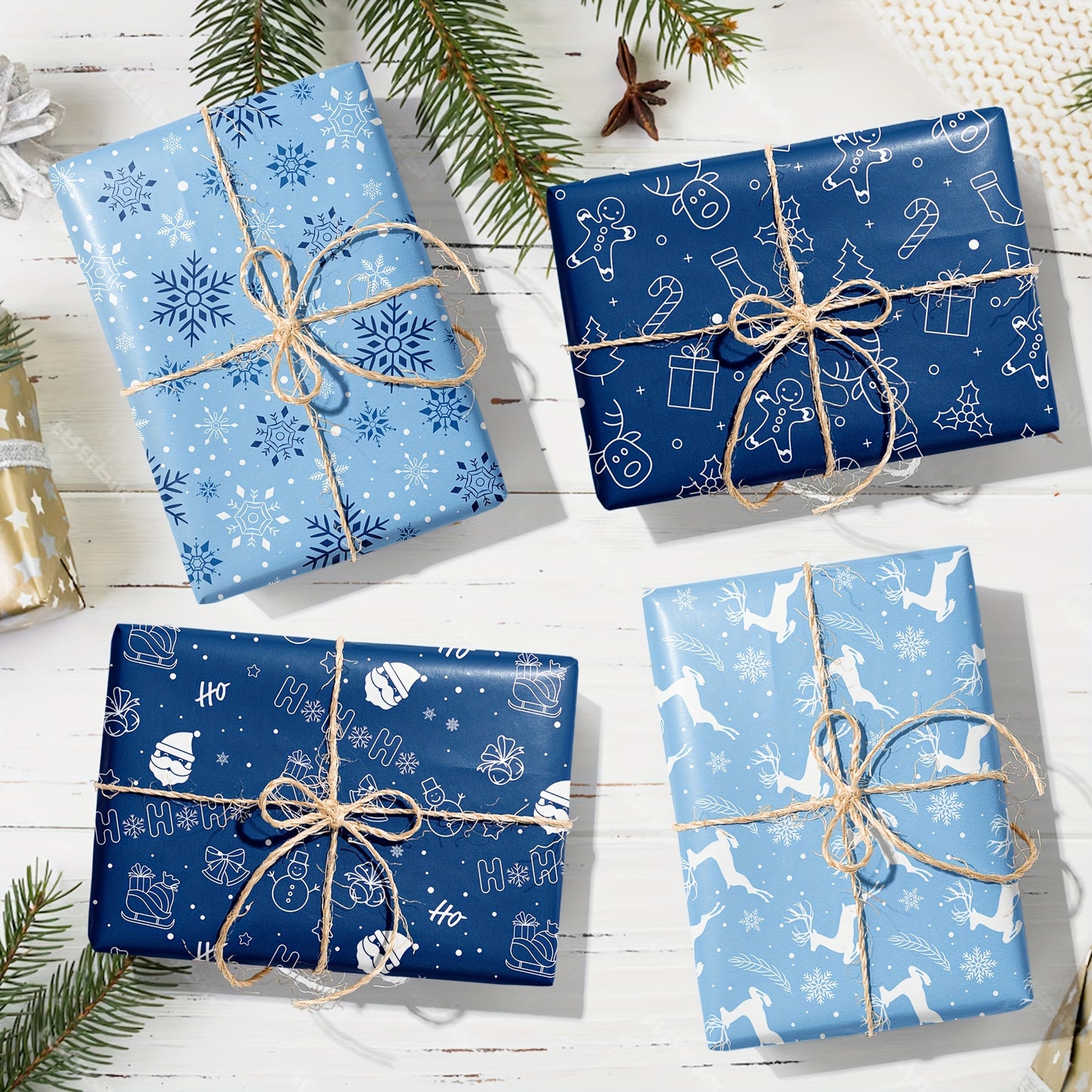 12pcs Dark Blue Christmas Wrapping Paper with Snowflake & Reindeer Designs - Perfect for Gift Boxes, Party Favors & Decorations