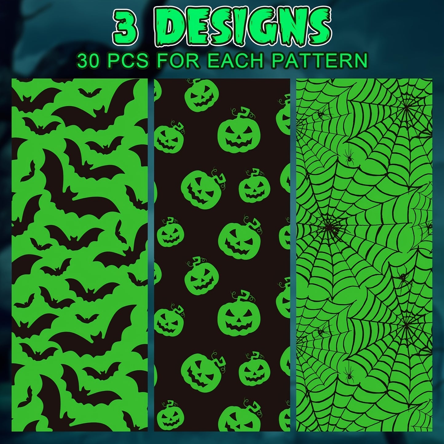 90-Pack Halloween Wrapping Paper - Black & Green With Pumpkin, Spider Web & Bat Designs, 13.8X19.7 Inches - Perfect For Party Favors & Crafts