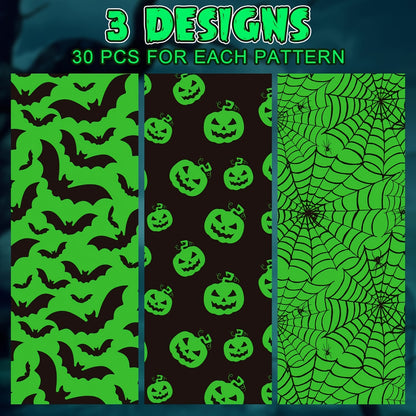 90-Pack Halloween Wrapping Paper - Black & Green With Pumpkin, Spider Web & Bat Designs, 13.8X19.7 Inches - Perfect For Party Favors & Crafts