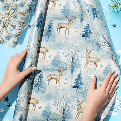 6pcs Premium Blue Series Gift Wrap with Reindeer & Forest Christmas Tree Design - Festive Holiday Wrapping Paper for Gifts, Perfect for Birthdays, Weddings, Youngsters Showers, Bridal Showers & More