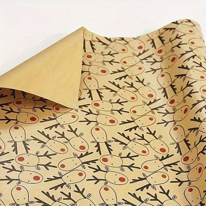 Vintage Reindeer Christmas Kraft Wrapping Paper Roll - Large 16.9" x 118.1" Light Brown Animal Pattern, Smooth Finish for Gifts & Crafts