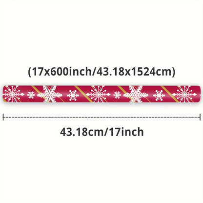 1pc Double-Sided Gift Wrapping Paper - Red Christmas Snowflake & Reindeer Pattern, 17"x600", Striped Style, Paper Material with Adhesive Labels, Essential for Holiday Presents, for Youngsters/Family/Friends, Stationery and Gi