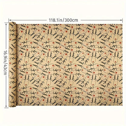 Vintage Reindeer Christmas Kraft Wrapping Paper Roll - Large 16.9" x 118.1" Light Brown Animal Pattern, Smooth Finish for Gifts & Crafts