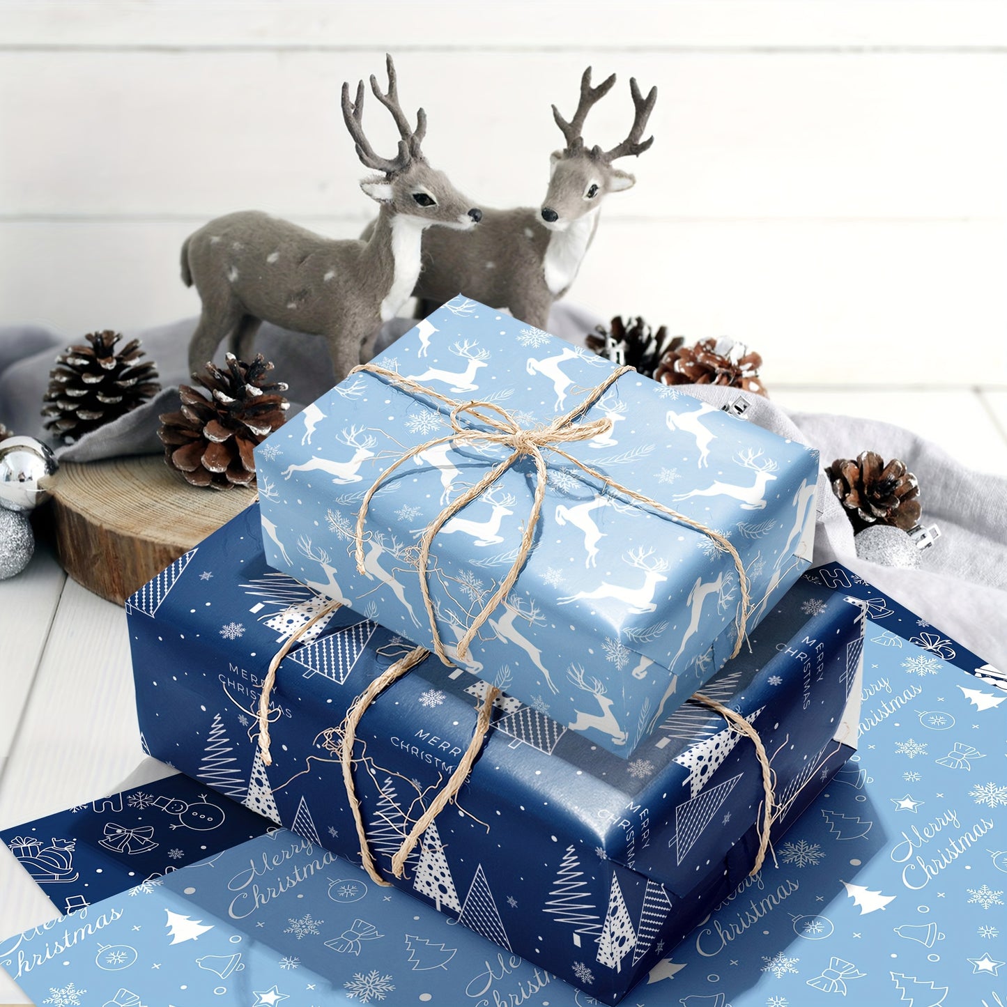 12pcs Dark Blue Christmas Wrapping Paper with Snowflake & Reindeer Designs - Perfect for Gift Boxes, Party Favors & Decorations