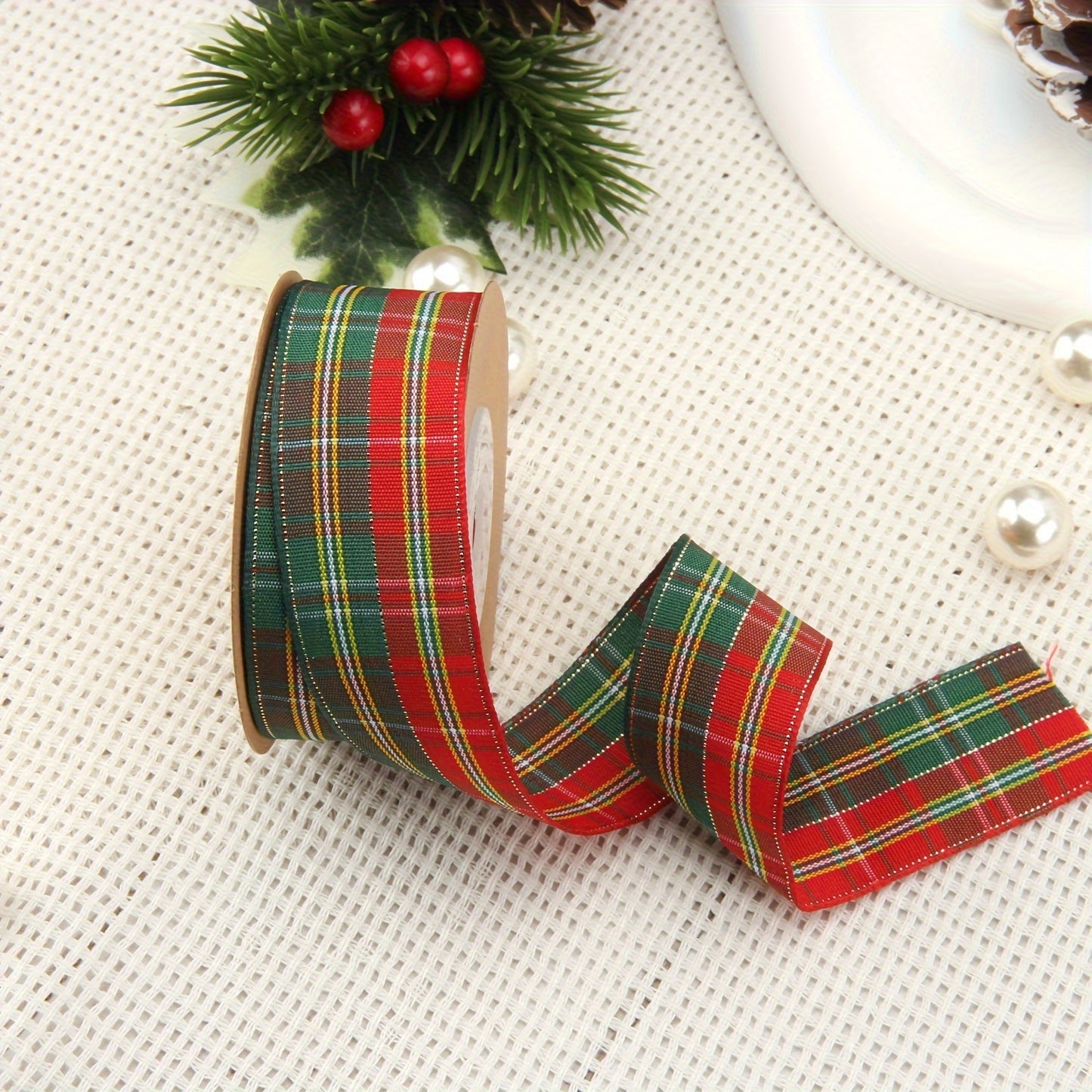 1pc, Plaid Ribbon 354.33 Inch Red Green Christmas Plaid Packaging Bag Tie Gift Box Packaging Flower Cake Packaging Ribbon Holiday Party Decoration Ribbon Handmade Jewelry Accessories, Ribbons For Bouquets, Flower Wrapping Pap
