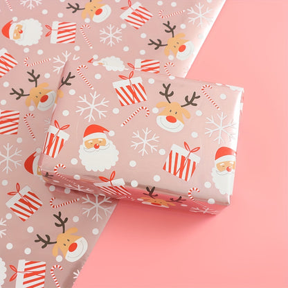 Glossy Christmas Wrapping Paper Roll - Large Size, Reindeer & Santa Design, Pink, 17in x 16Ft - Festive Gift Wrap for Holiday Presents